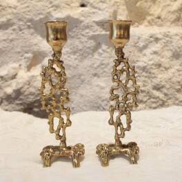 Pair of gilded bronze candlestick holders in brutalist style from around 1970.