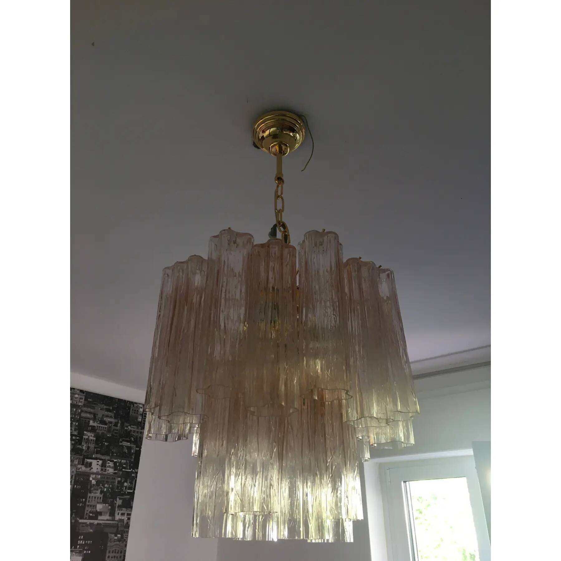 Venini-Style Pink Murano Glass Tronchi Chandelier – Italian Art Lighting