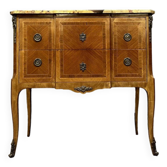 Commode sauteuse style Louis XV en marqueterie de bois précieux vers 1880