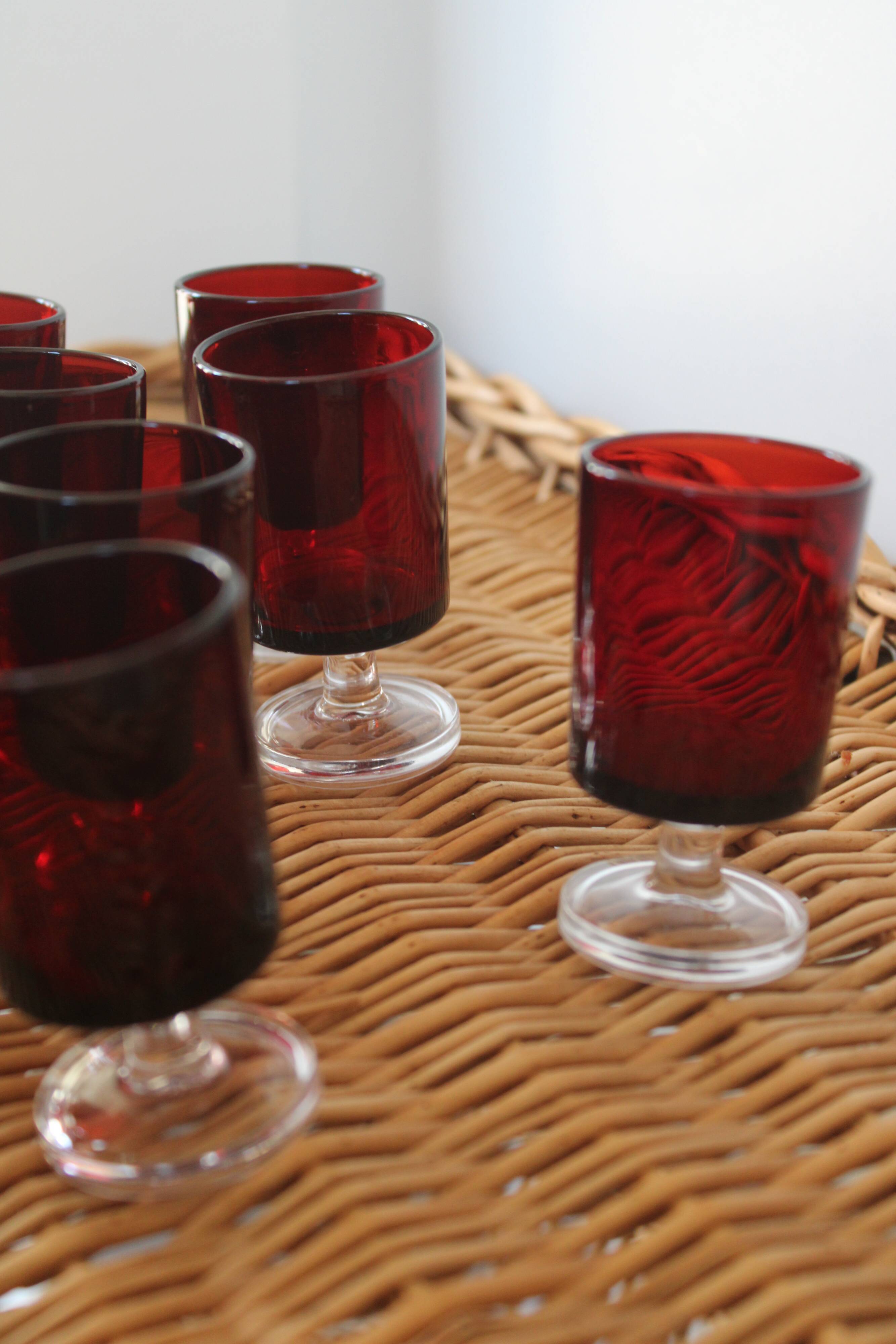 9 Luminarc red liquor glasses