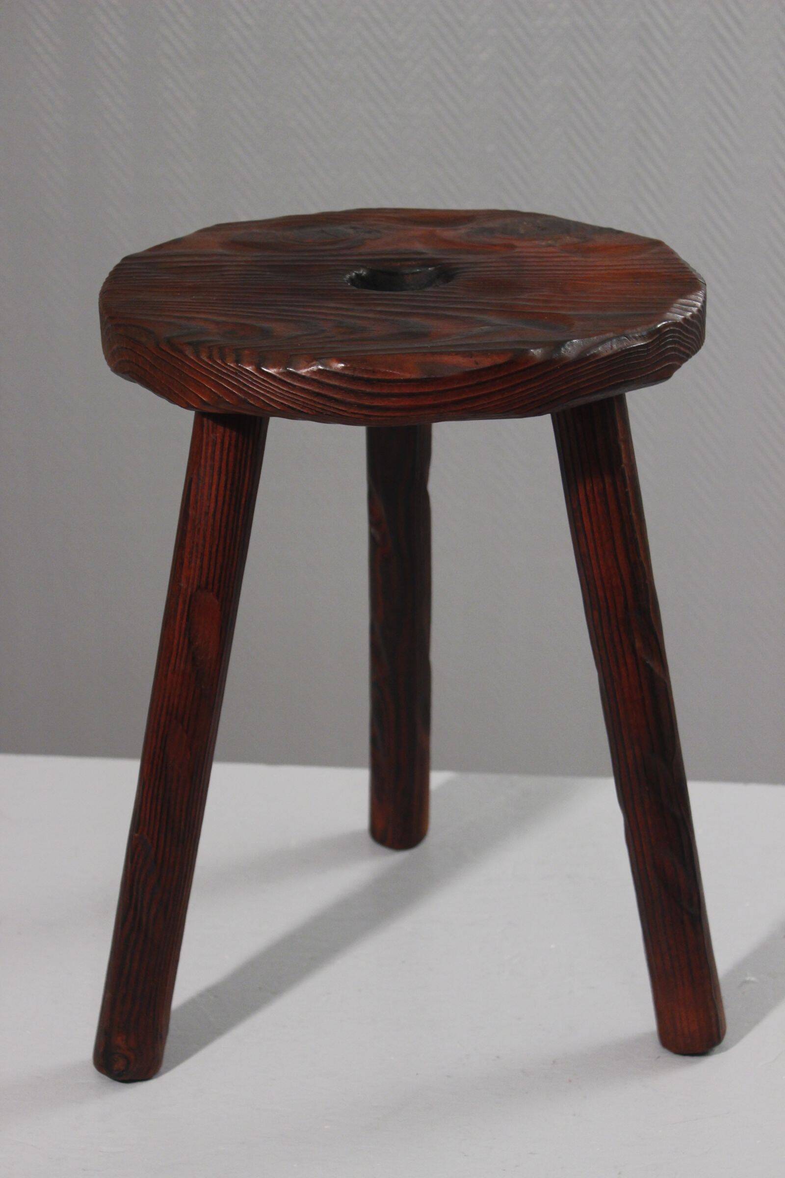Brutalist tripod stool, solid pine, 1950s