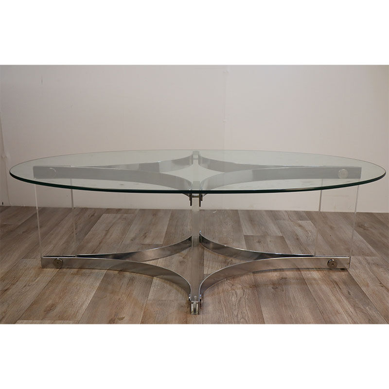 Table basse vintage en verre et métal chromé 1970