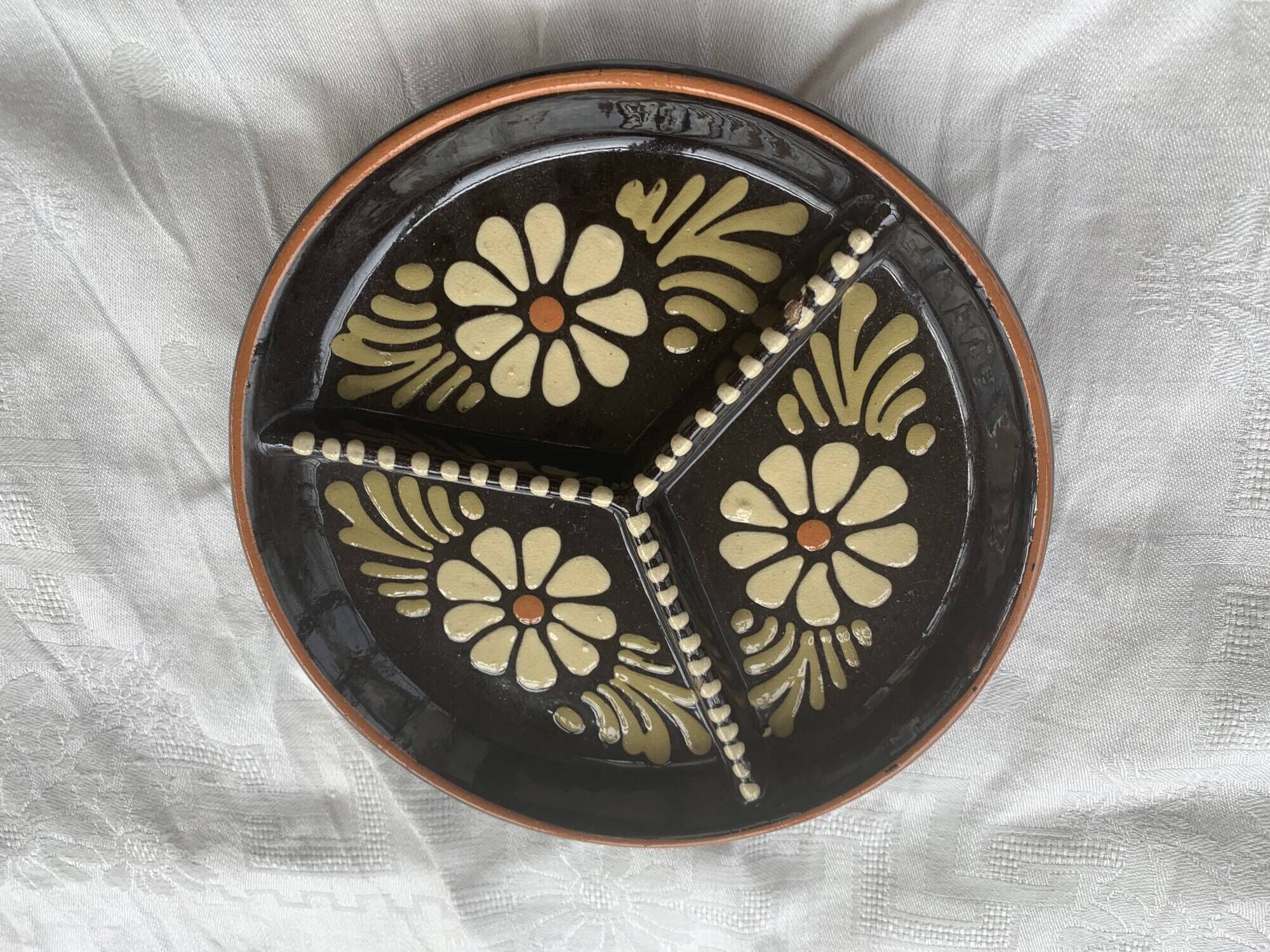 Compartment plate Alsatian pottery vintage floral pattern
