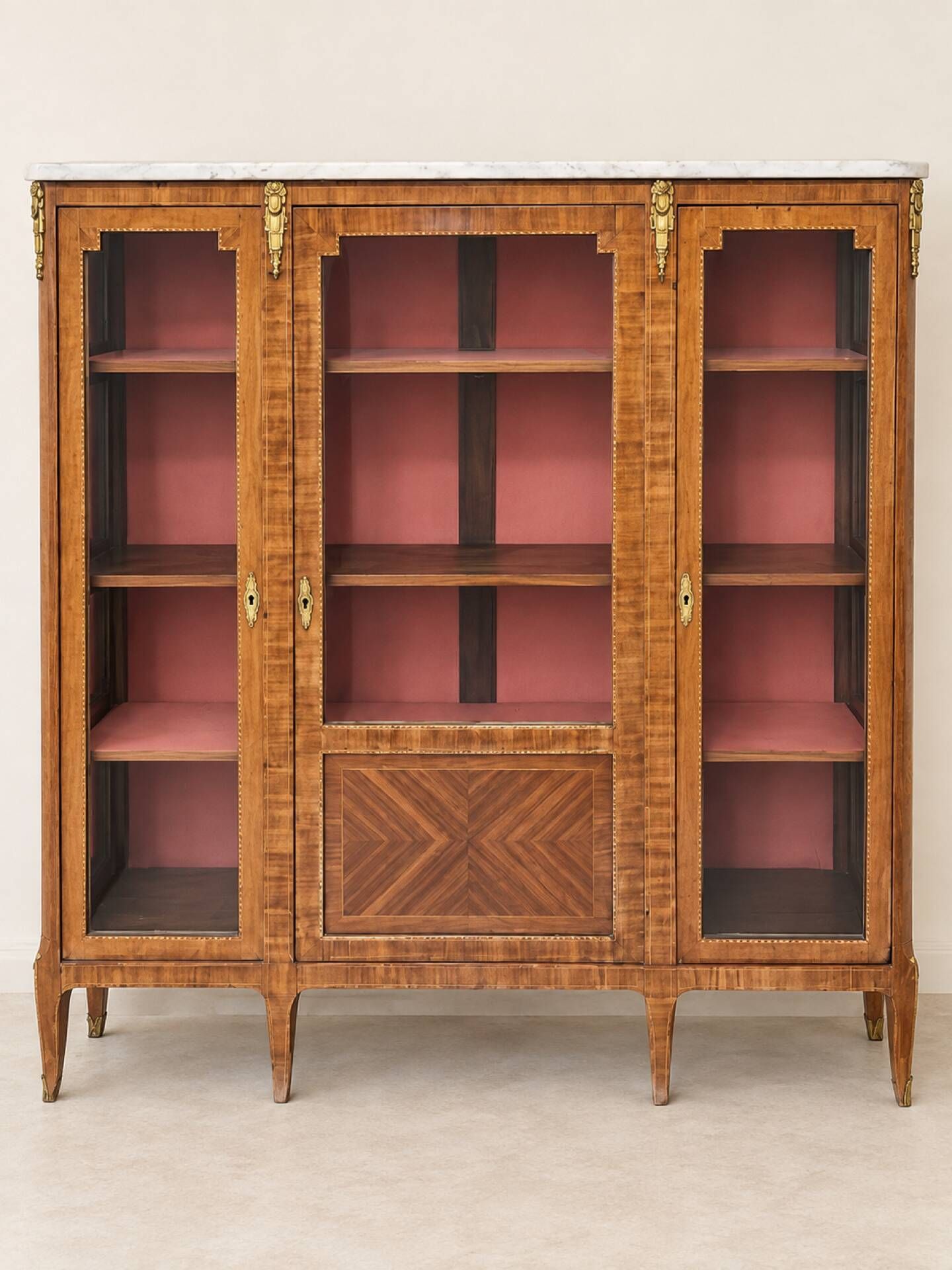 Display cabinet, Louis XVI style bookcase in marquetry, marble and bronze.
