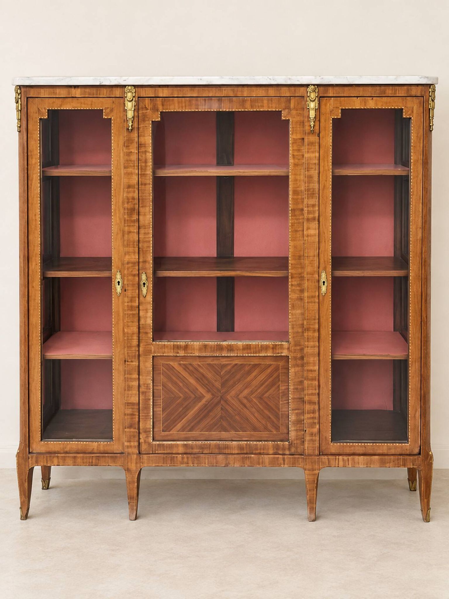 Display cabinet, Louis XVI style bookcase in marquetry, marble and bronze.