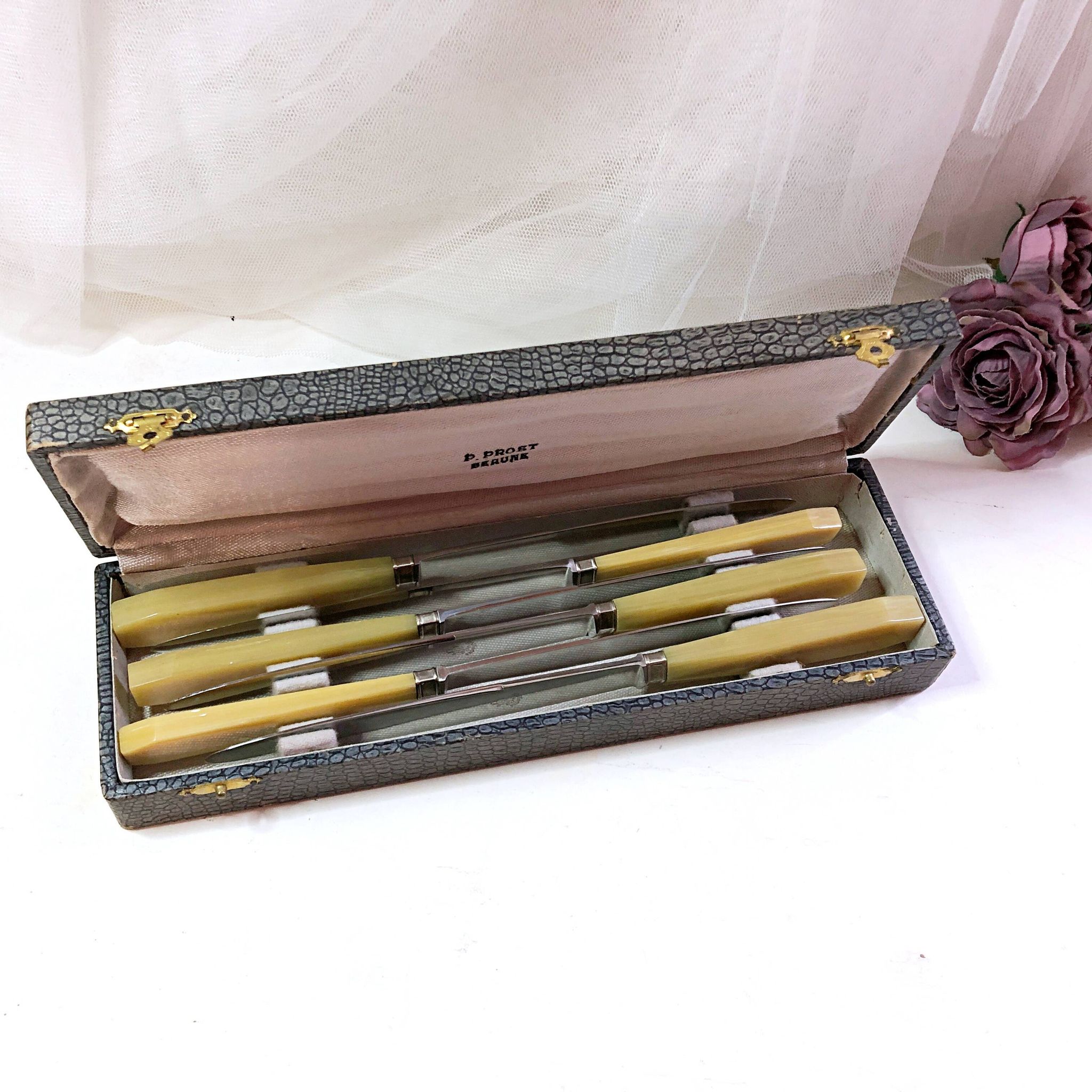 Coffret de 6 couteaux de table manche bakélite France début XXe
