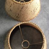 Pair of vintage burlap and braid lampshades