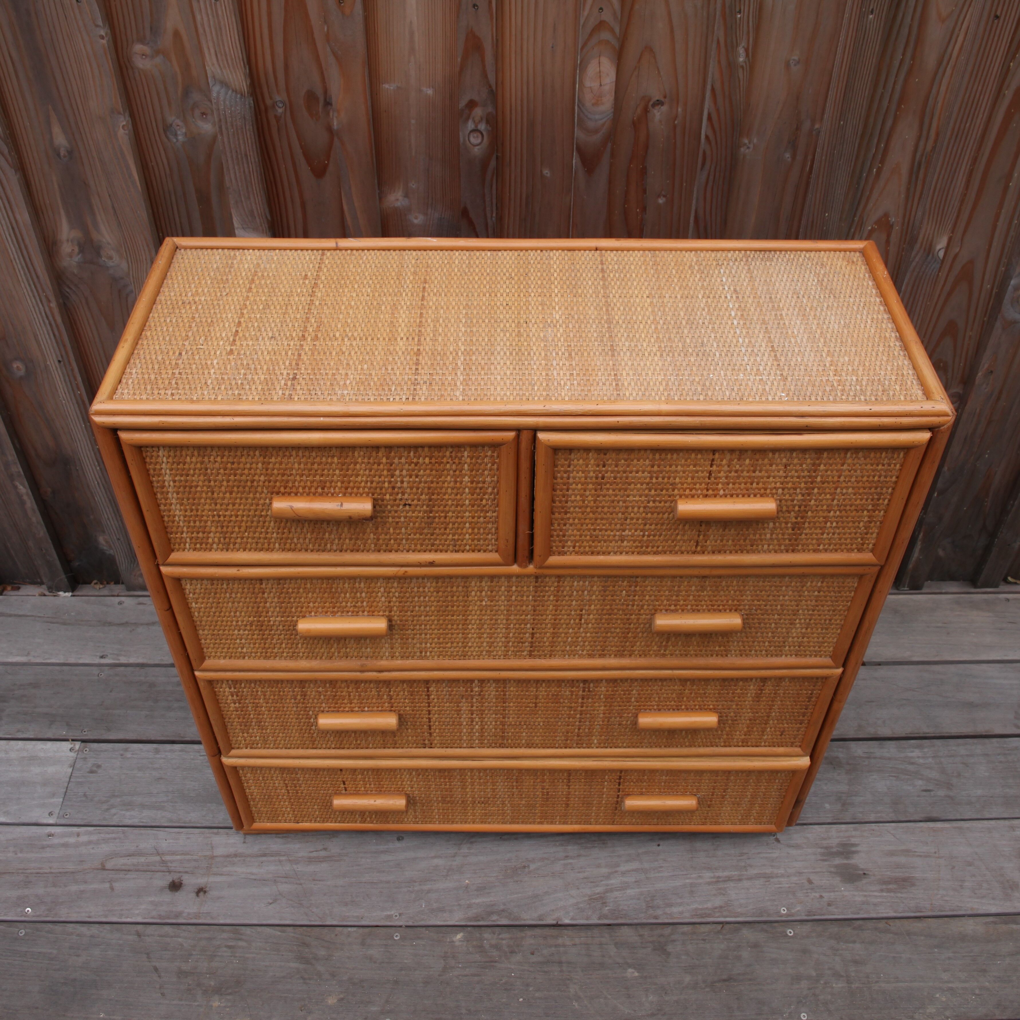 Wooden chest of drawers and rattan