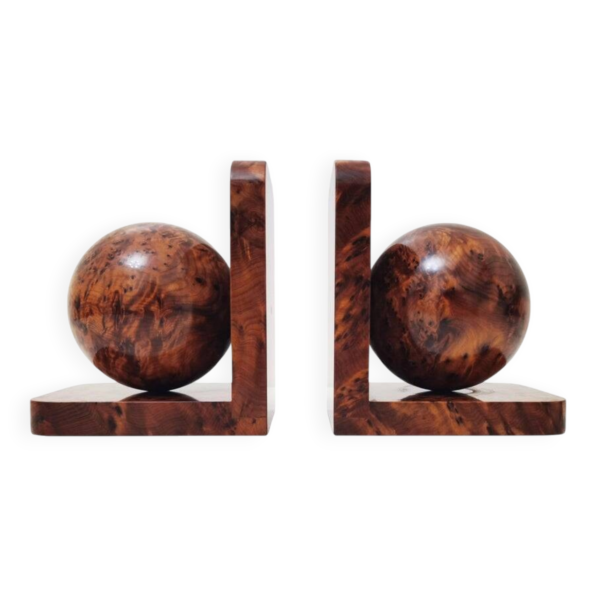 Art Deco bookends in polished solid burl wood