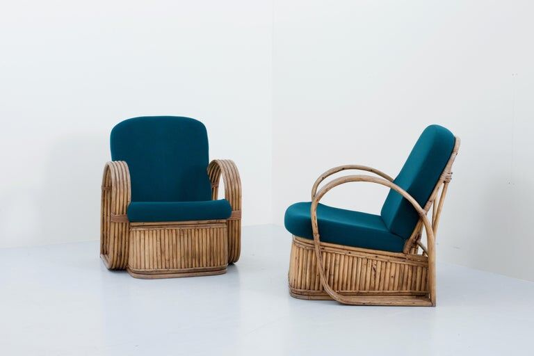 Set of 2 rattan chairs in green wool Italy 1950