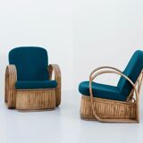 Set of 2 rattan chairs in green wool Italy 1950