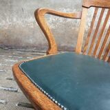Antique office chair oak adjustable with green leather