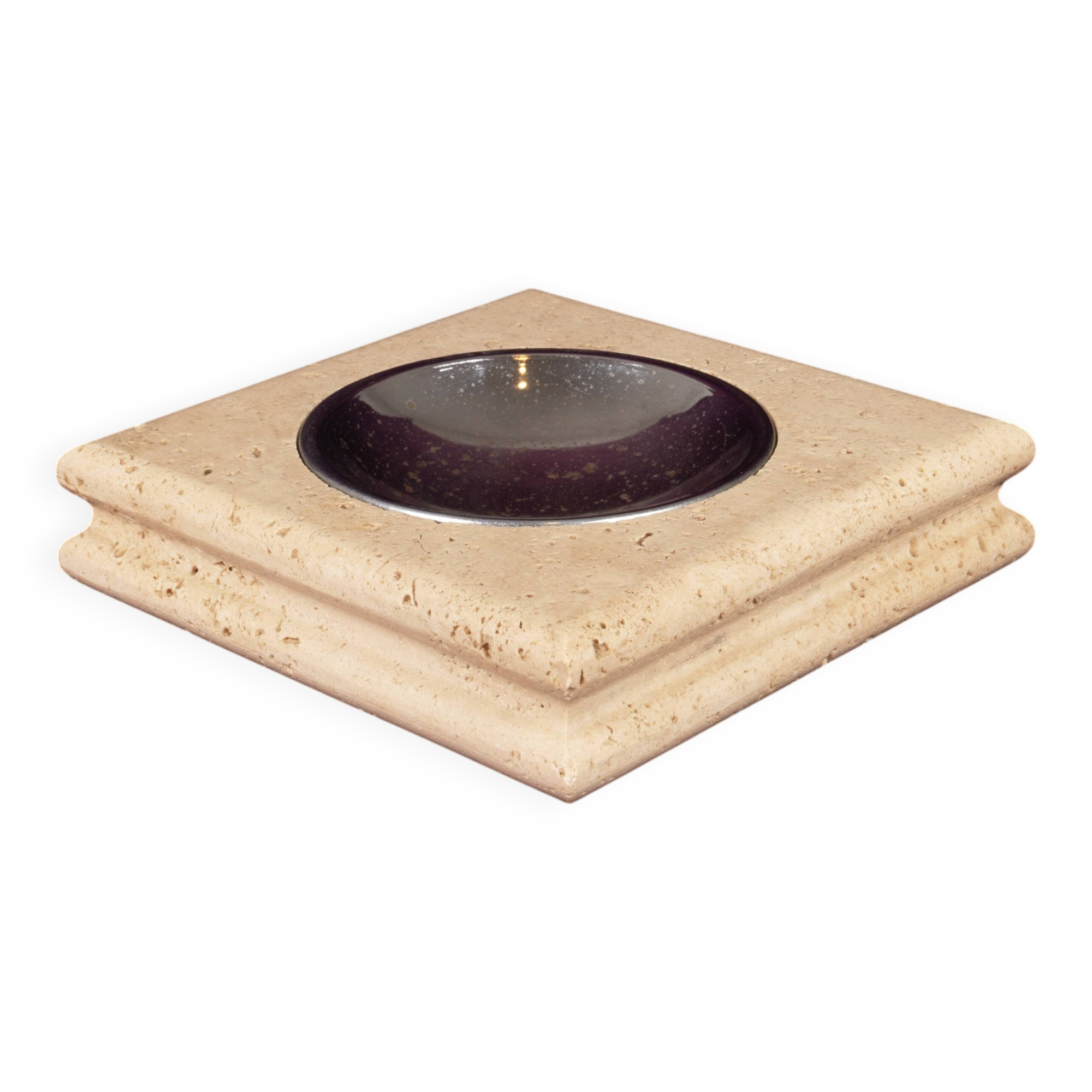Square Italian Travertine Ashtray with Removable Metal Dish 1970