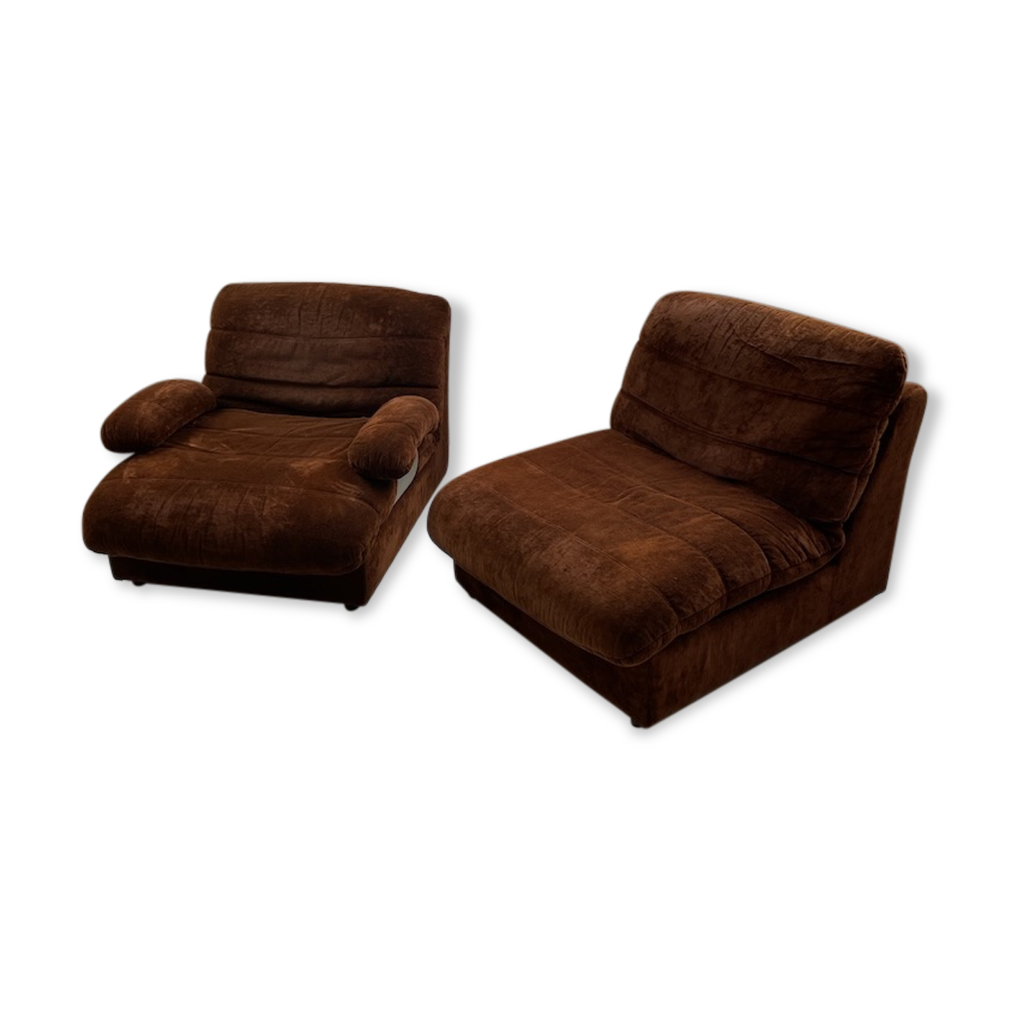 Pair 70s brown velvet armchairs