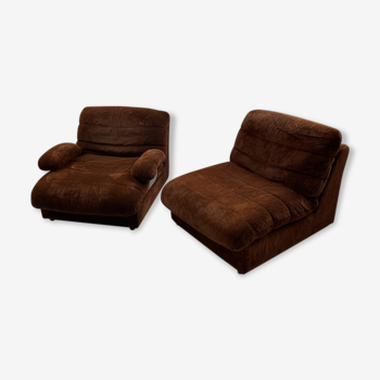 Pair 70s brown velvet armchairs
