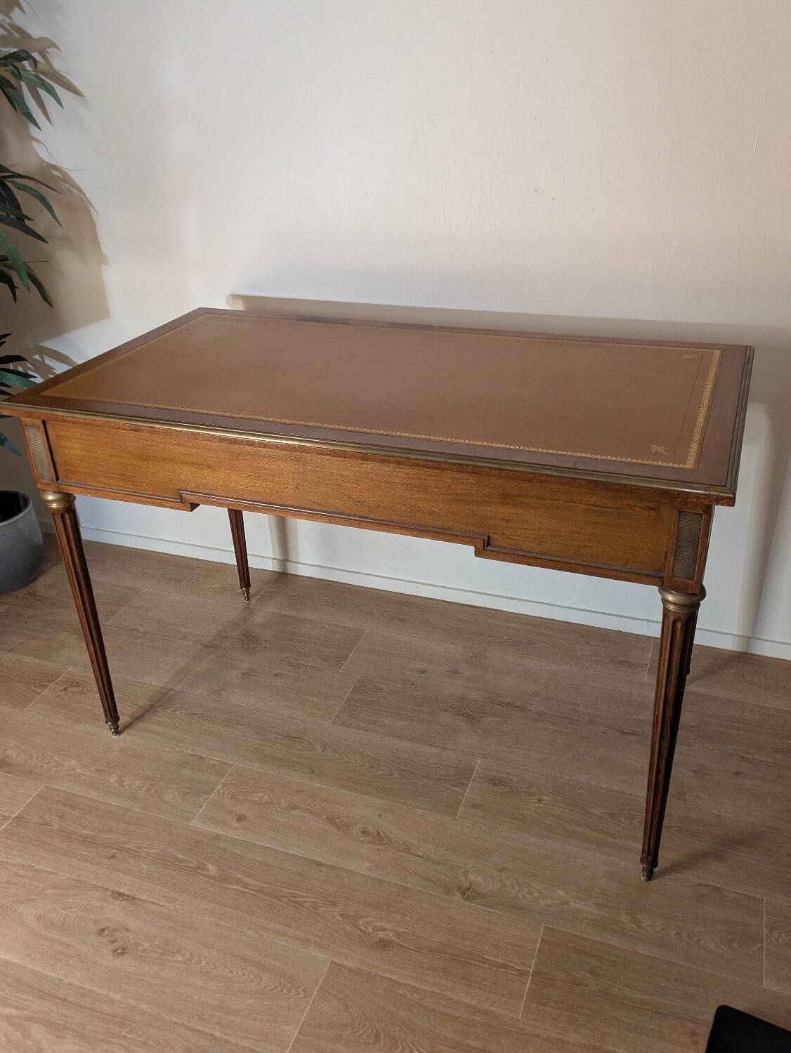 Antique Louis XVI style vintage desk, leather, brass, cherry wood