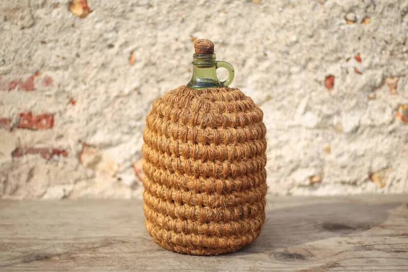 Lady Jeanne bottle, green glass bottle dressed in straw and wicker weaving, jar, vintage decor.