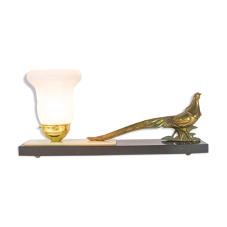 Art deco pheasant table lamp in frosted glass and black marble base