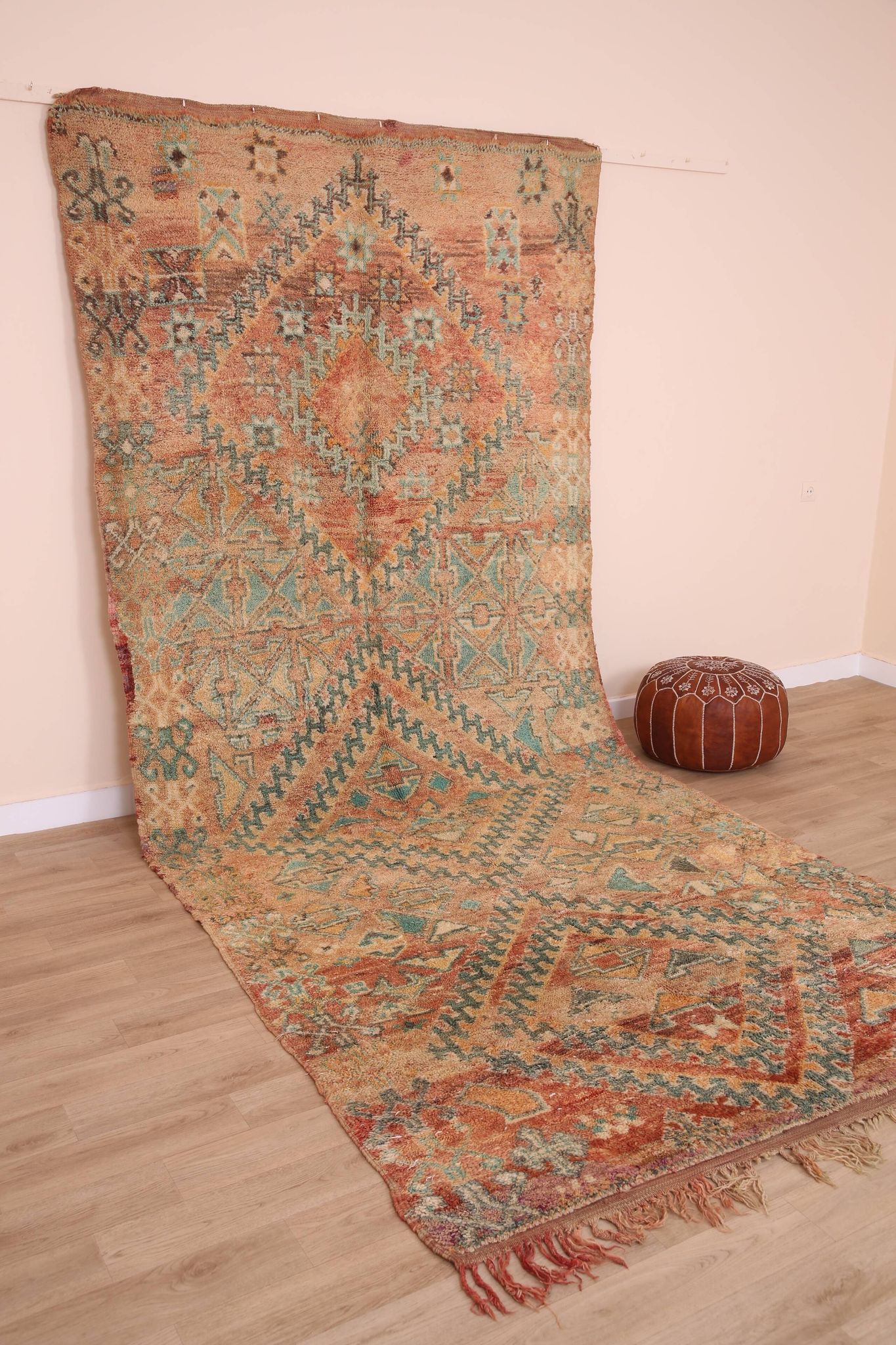 Peach Vintage Moroccan Rug 173 x 383 cm, Berber Wool Rug, Handmade Boho Rug