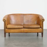 Vintage Sheepskin Leather 2-Seater Sofa in English Style