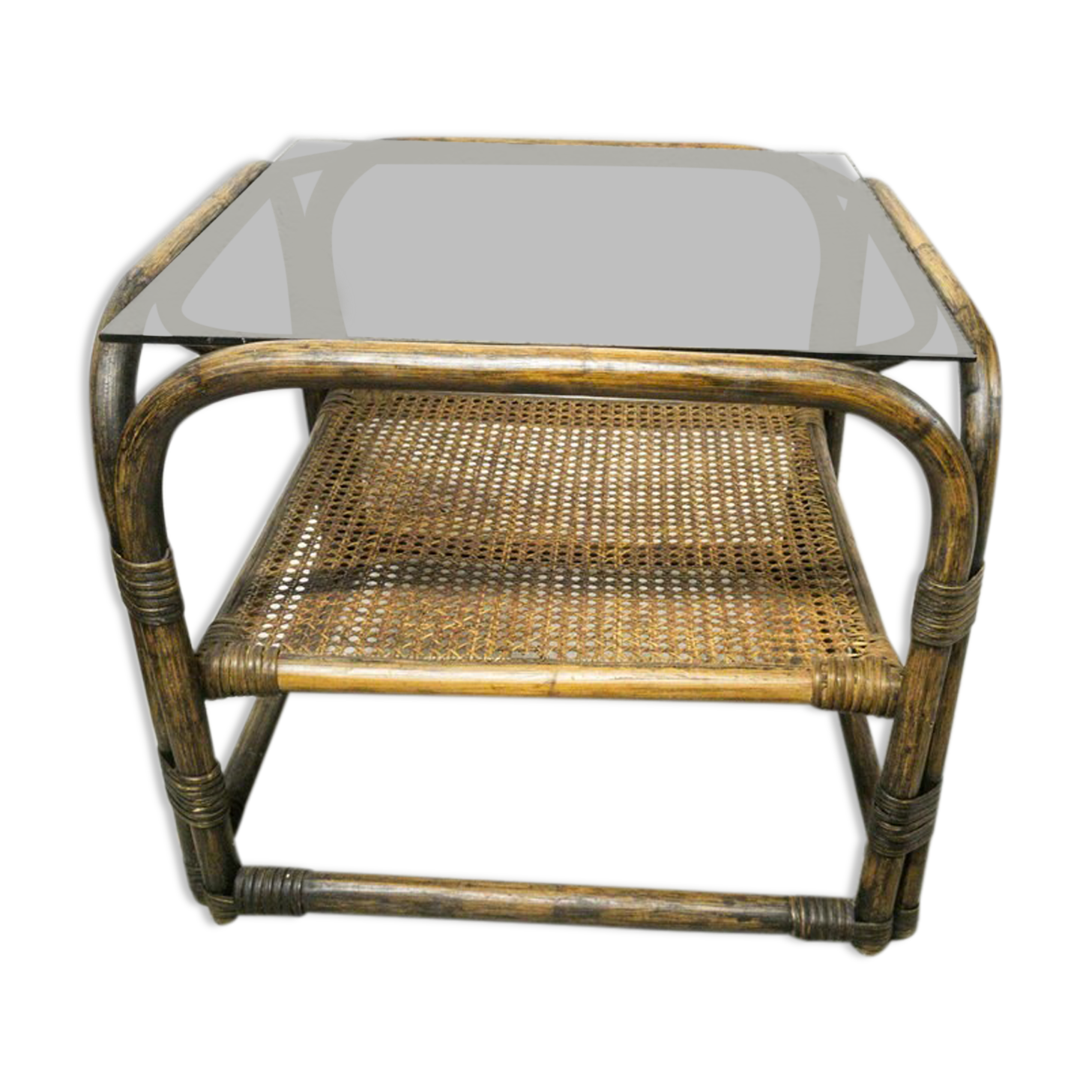 Side table in rattan and smoked glass