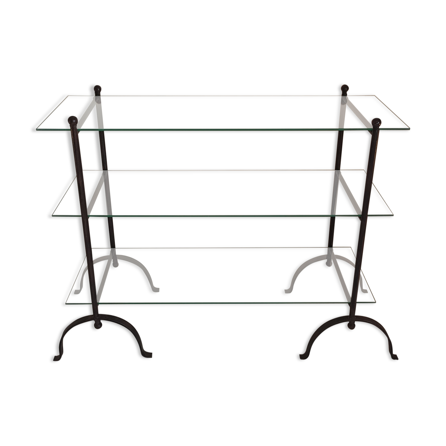 Beautiful Console 60'S feet wrought iron trestles with 3 TBEG glass trays