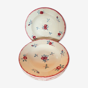 6 flat earthenware plates decorated with a seedling of pink florets