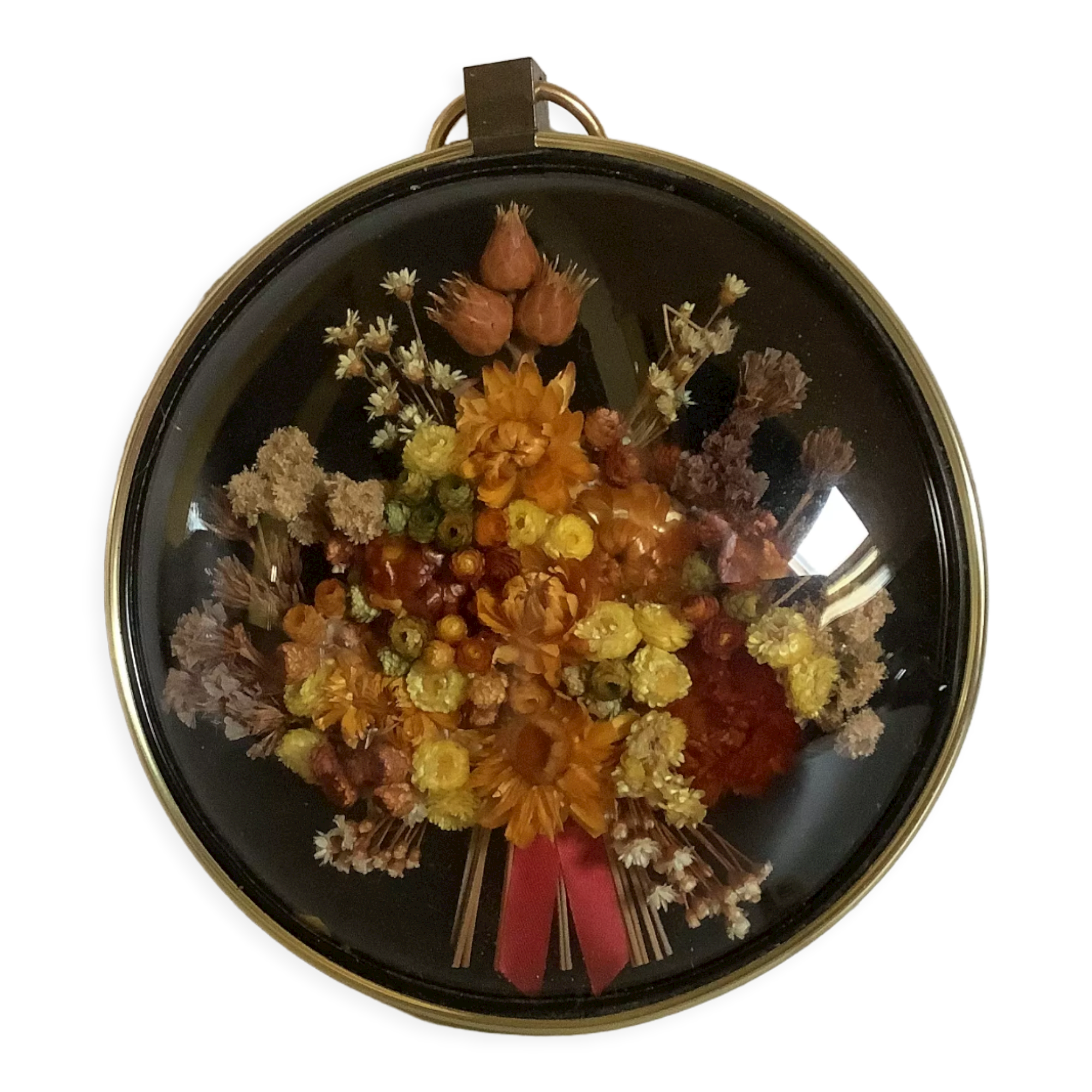 Old frame curved glass dried flowers red satin knot