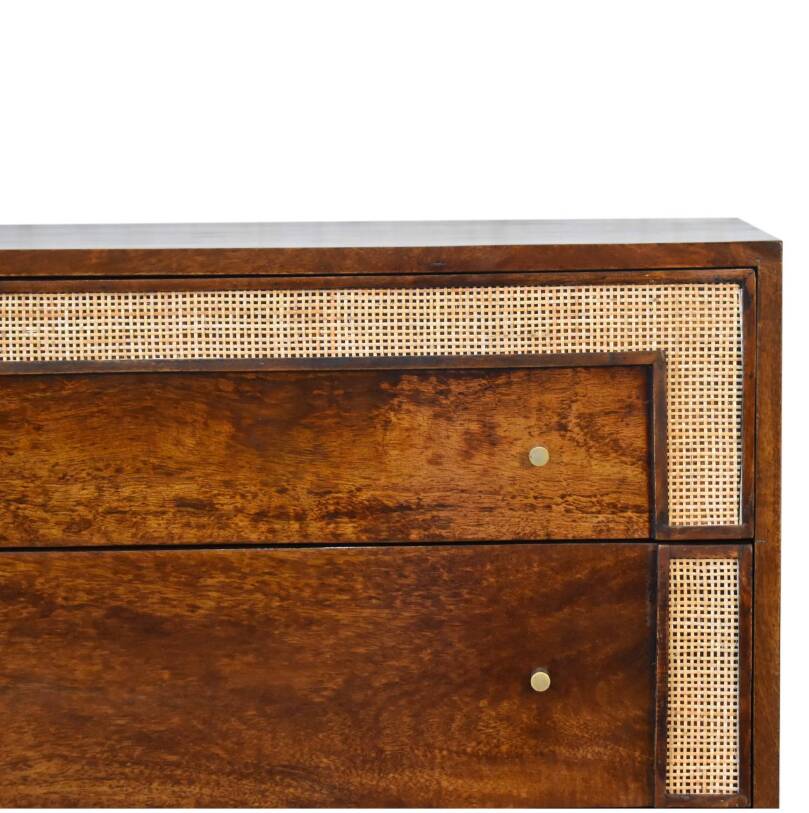 Mid-Century Modern Style Solid Mango Wood Chest of Drawers with Woven Rattan Accents - Close-knit Ch
