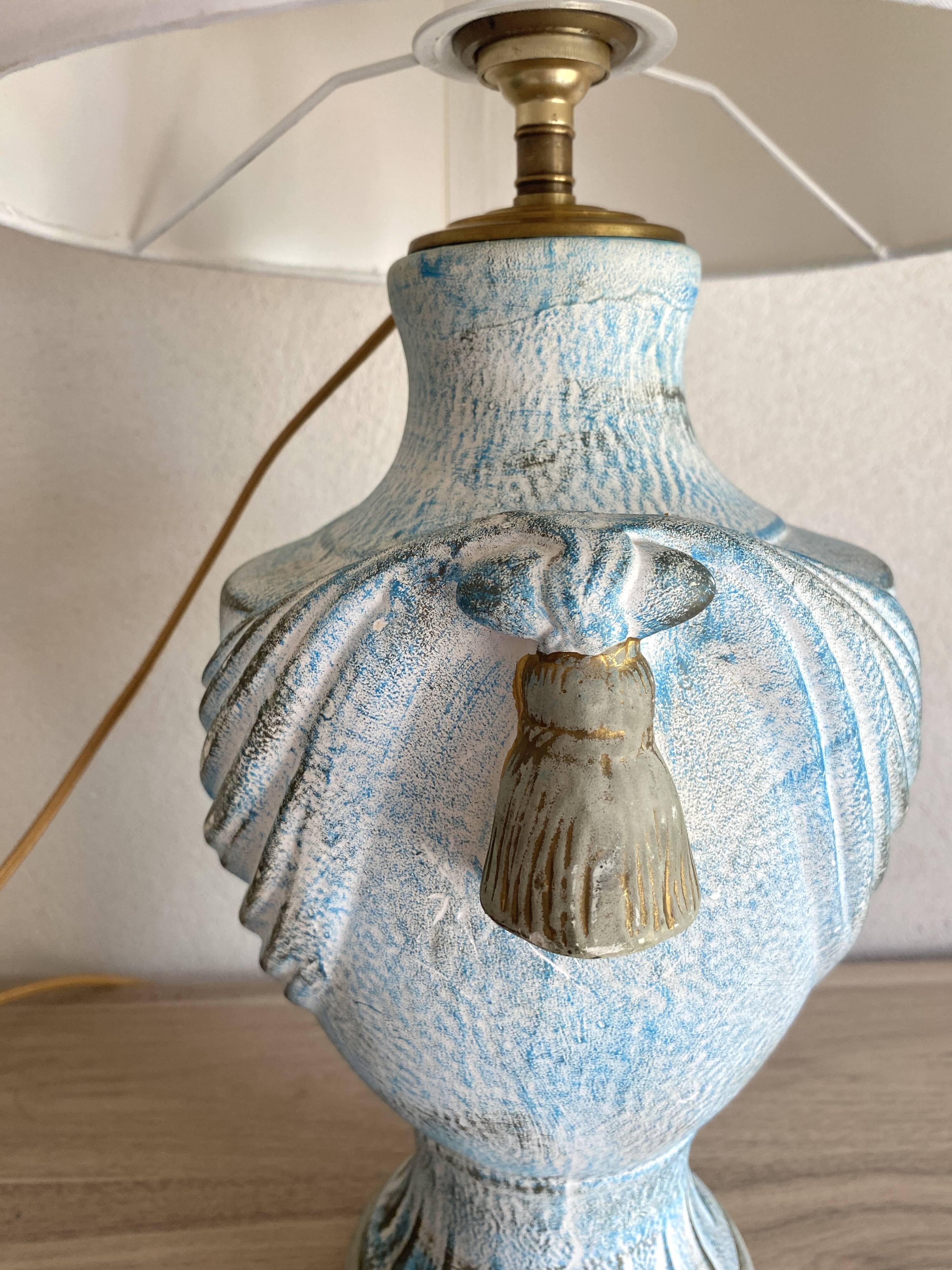 Painted plaster lamp, new 2 M fabric cable, fabric lampshade