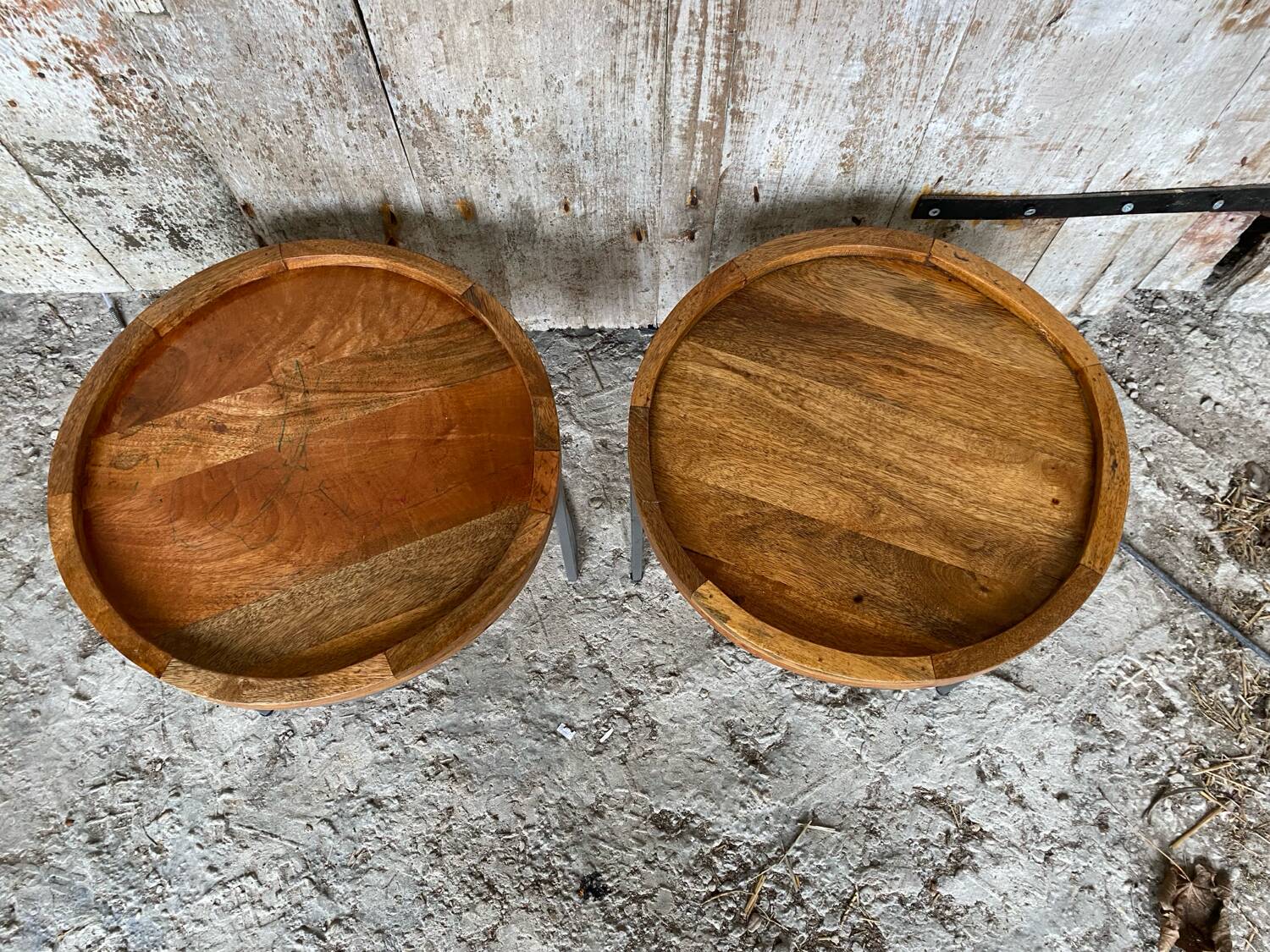 Nightstand Round Design Metal Grey + Wooden Top #D