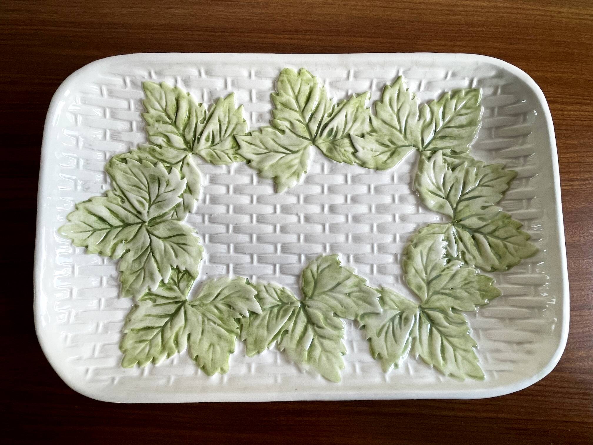 French Barbotine Majolica Serving Platter with Vine Leaf and Basket Weave Motif