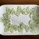 French Barbotine Majolica Serving Platter with Vine Leaf and Basket Weave Motif