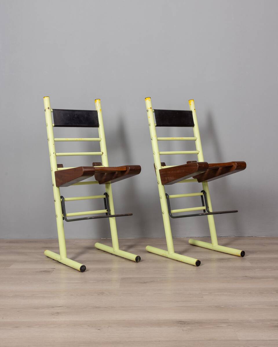 Pair of vintage 70s stools in iron and wood italian design