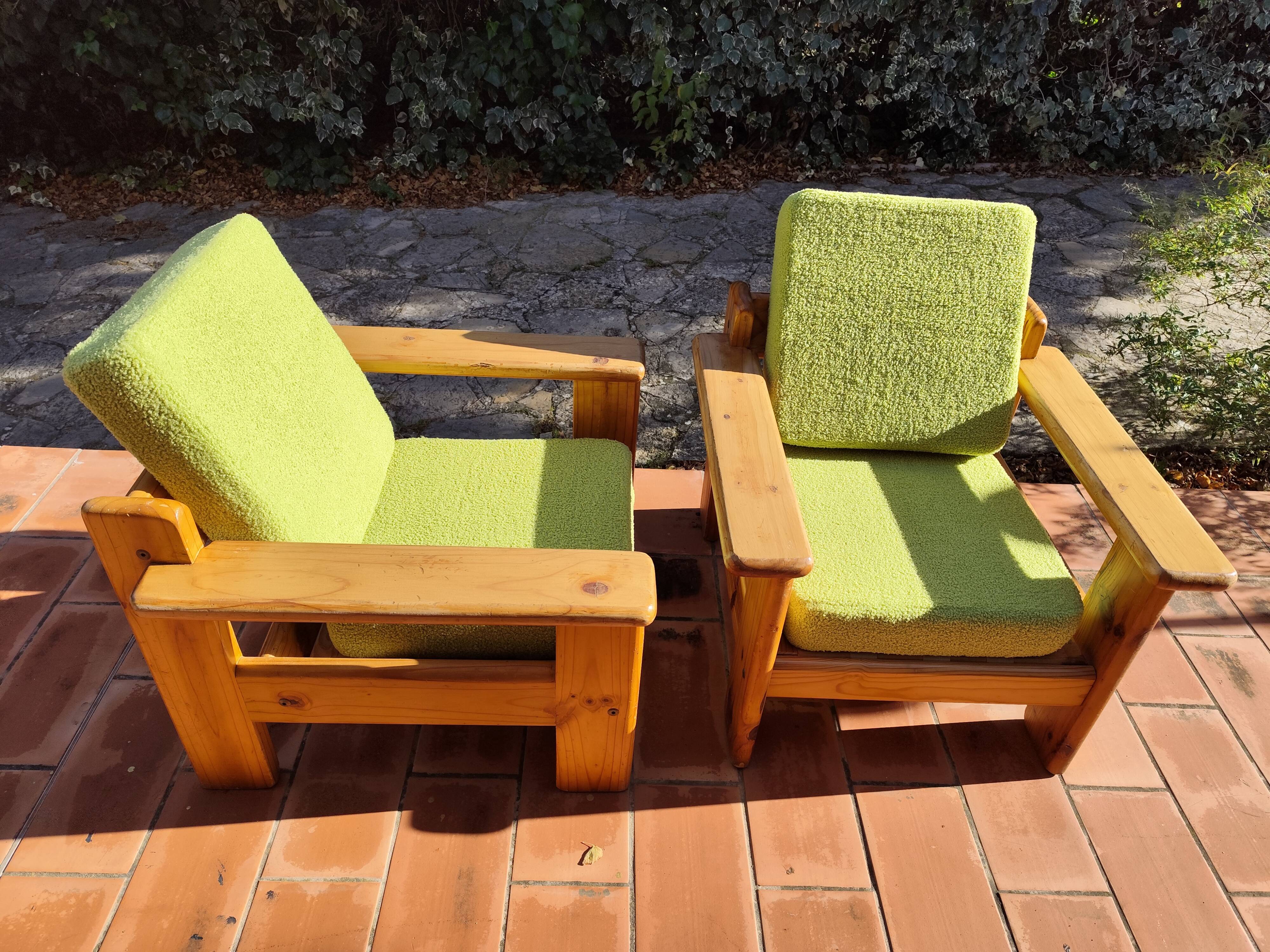 Pair of vintage brutalist lounge chairs in solid pine, 1980s DLG Regain