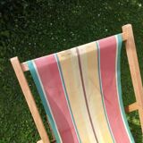 Vintage children's deckchair, sun lounger, striped canvas, 1960-1970.