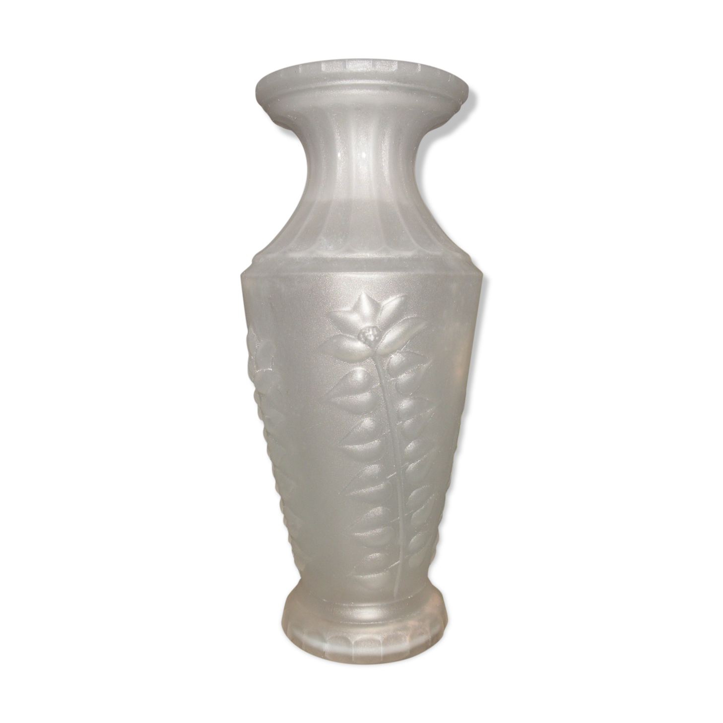 Old frosted glass vase, pressed molded flower decoration, 1940, 1950