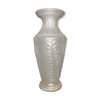 Vase ancien en verre givré, pressé moulé décor de fleur, 1940, 1950