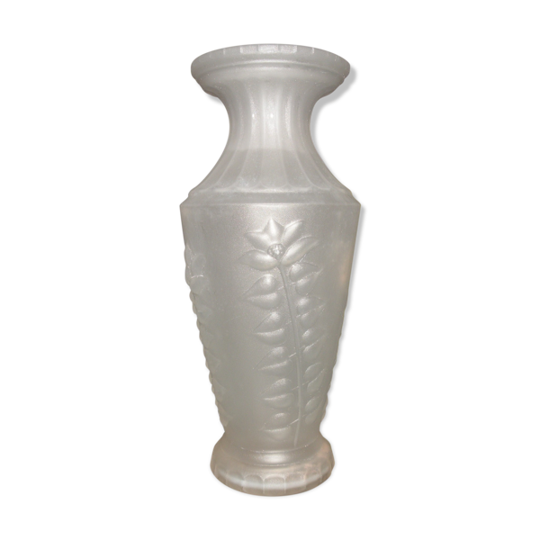 Vase ancien en verre givré, pressé moulé décor de fleur, 1940, 1950 — Beyit