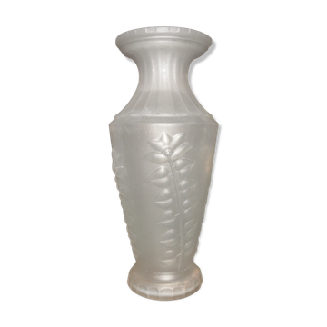 Old frosted glass vase, pressed molded flower decoration, 1940, 1950