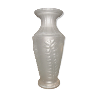 Old frosted glass vase, pressed molded flower decoration, 1940, 1950