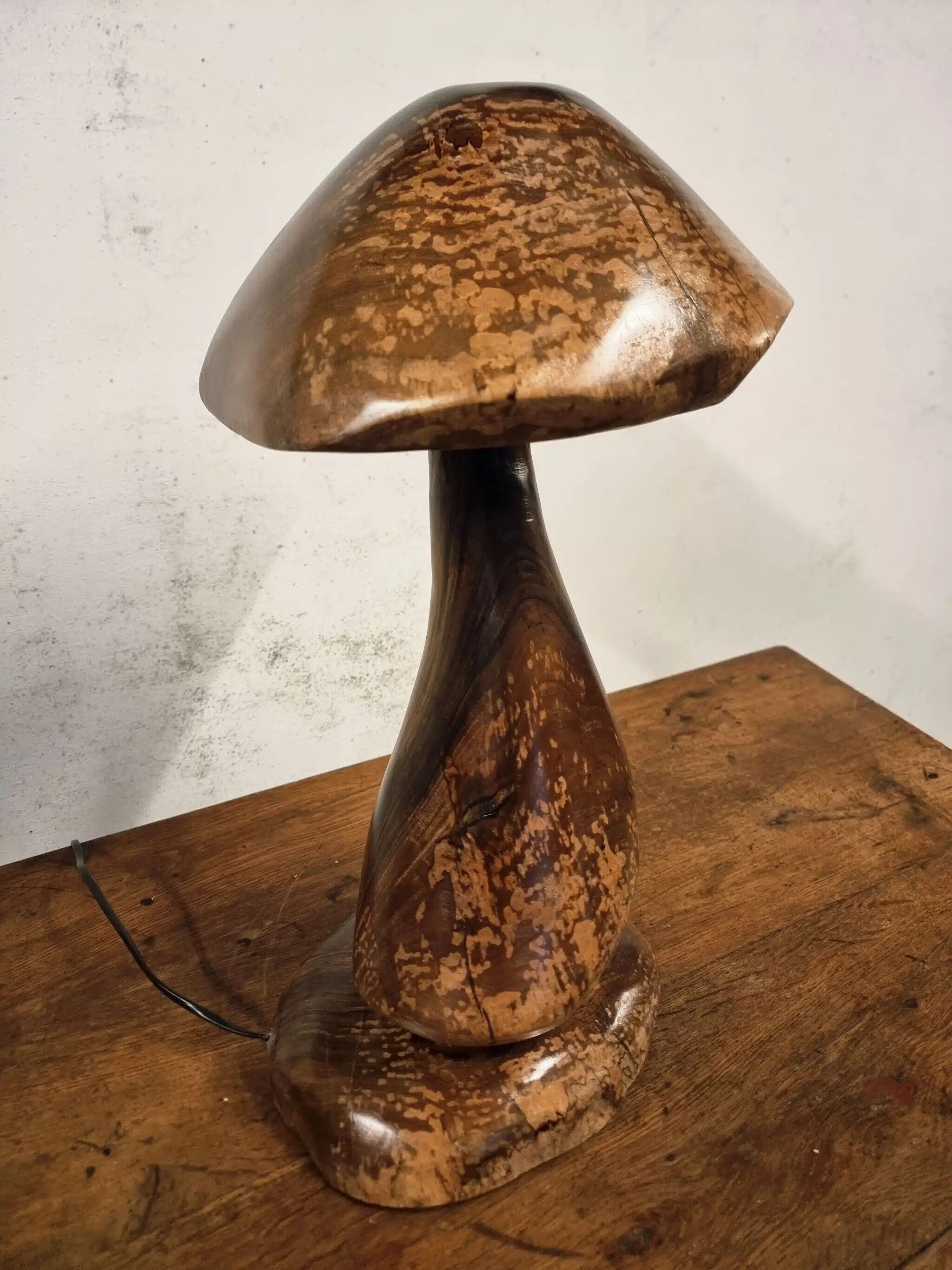 Hand-carved wooden mushroom table lamp with integrated LED