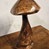 Hand-carved wooden mushroom table lamp with integrated LED