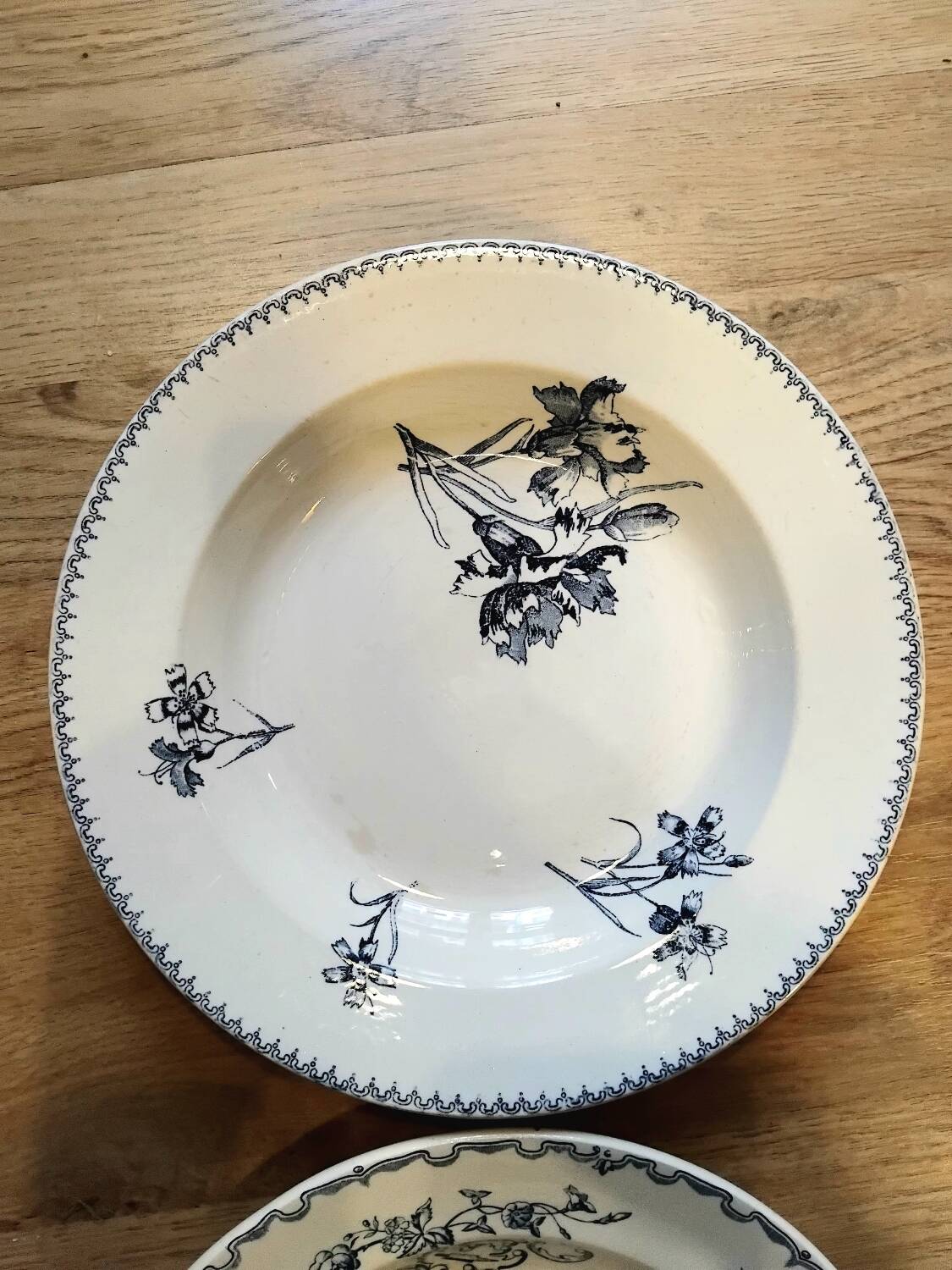 Set of 4 mismatched blue Terre de Fer soup plates