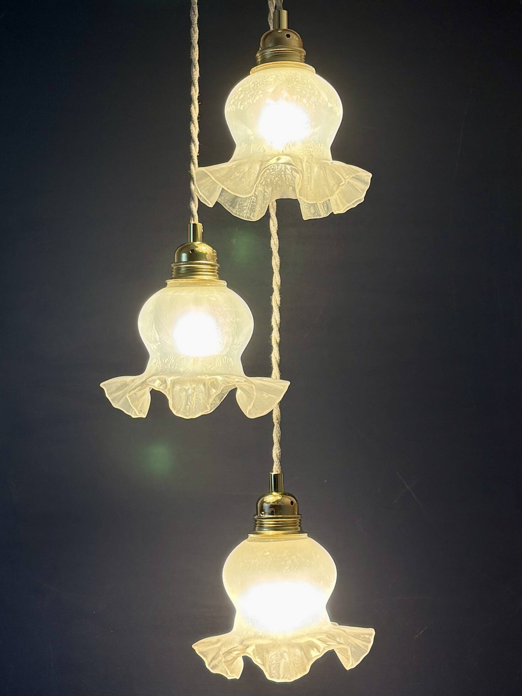 Vintage triple tulip pendant light in white glass