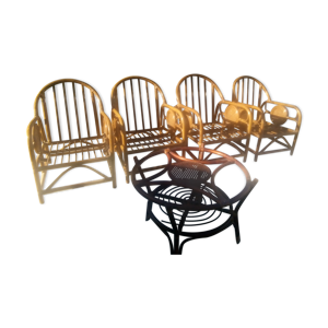 Lot de 4 fauteuils en - rotin table basse