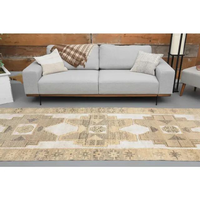 1970s Turkish Hand-Knotted Wool Cotton White Runner Rug 120X314