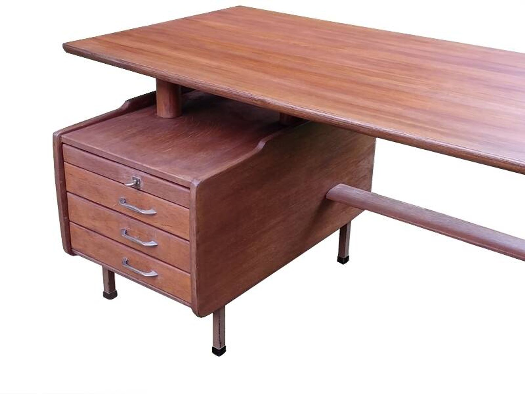Vintage 1950s teak desk by designer Jacques Hauville.