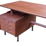Vintage 1950s teak desk by designer Jacques Hauville.