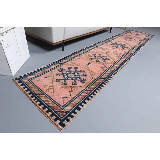 Vintage Turkish Oushak handmade wool cotton pink runner rug 81x368